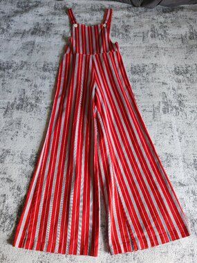VTG JC Penny 70s Red White Candy Stripe Flare Overall Jumpsuit w Button front